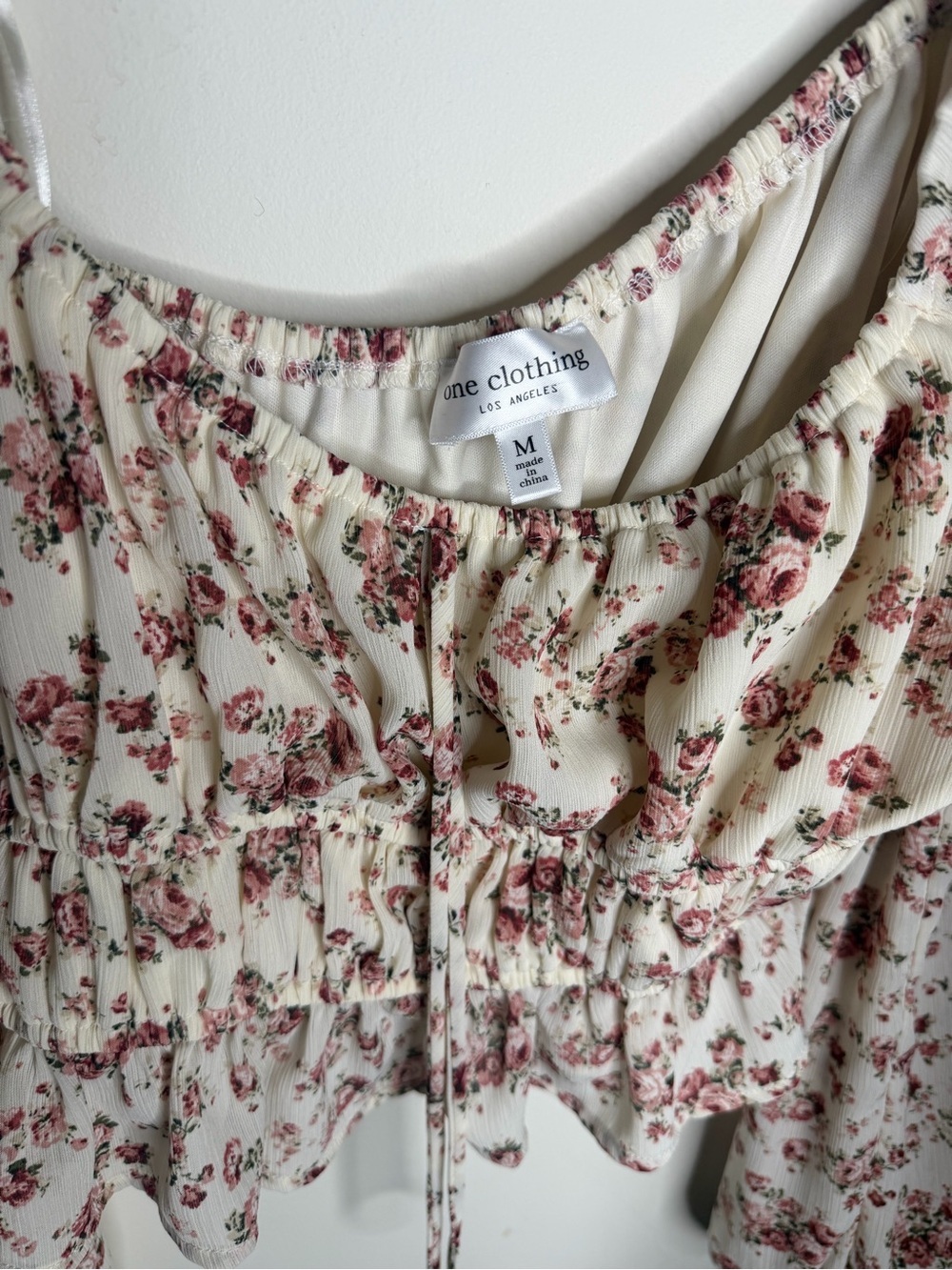 Floral Smocked Cream Crop Top with Tie Front - Picture 2 of 3